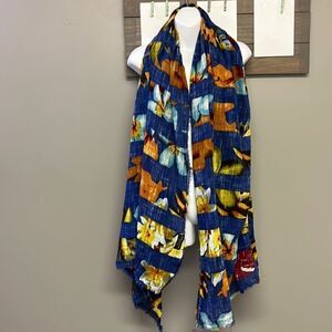 ZARA Heather Blue Vibrant Floral Frayed Watercolor Scarf/Wrap- app 77” by 41”